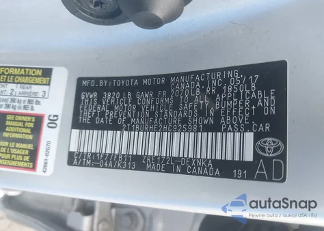 2017 Toyota Corolla Le from USA, damaged, VIN 2T1BURHE2HC925981